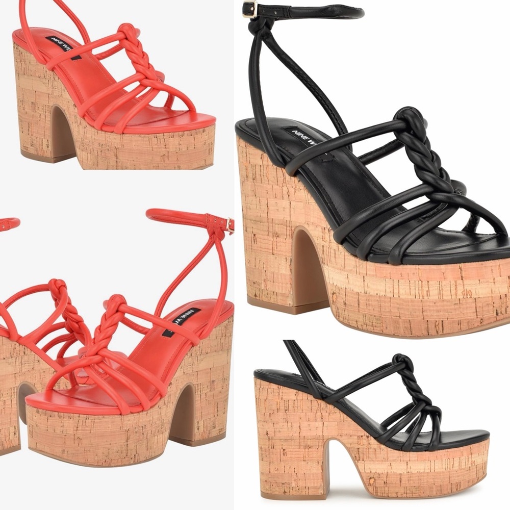 Nine West 2 Pair 10M Olander Platform Sandal Cork Wedge Black & Red BRAIDED SOFT